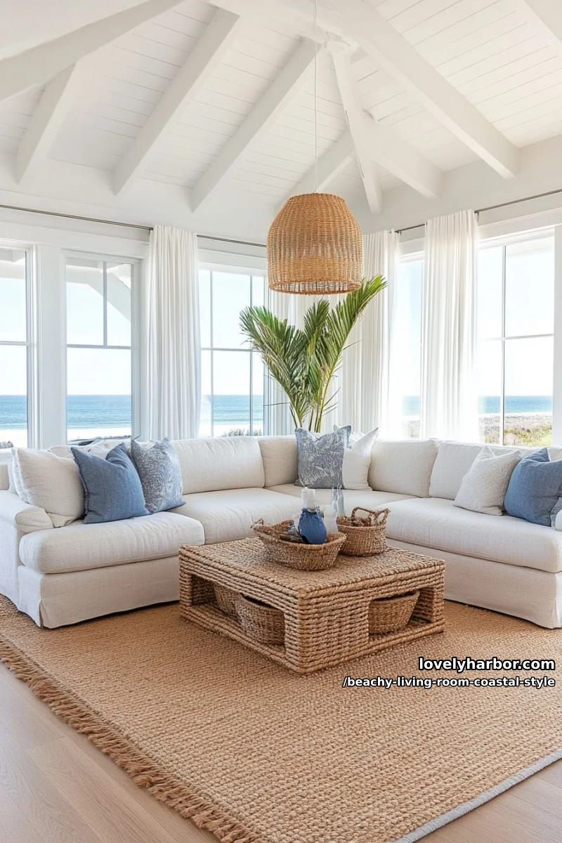 neutral coastal living room with off-white sectional and beachy accents 1