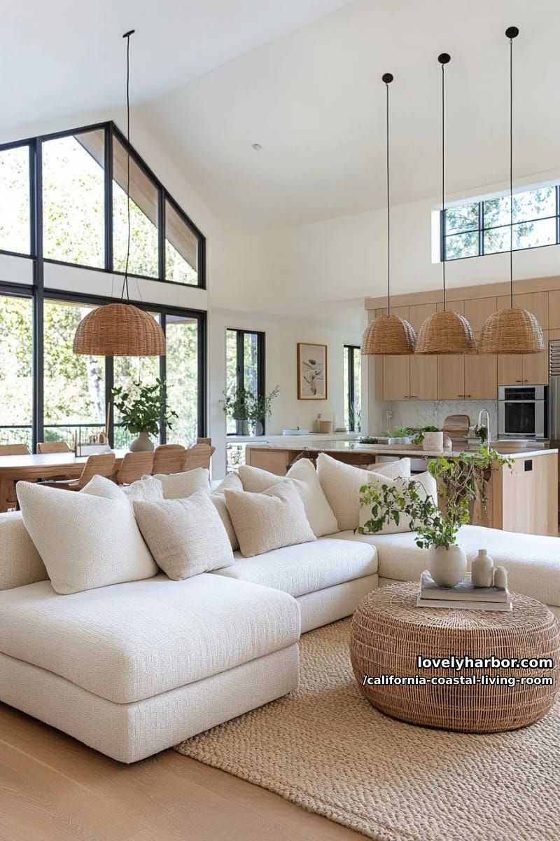 neutral living room and kitchen, cream sofa, rattan coffee table, natural light. 1