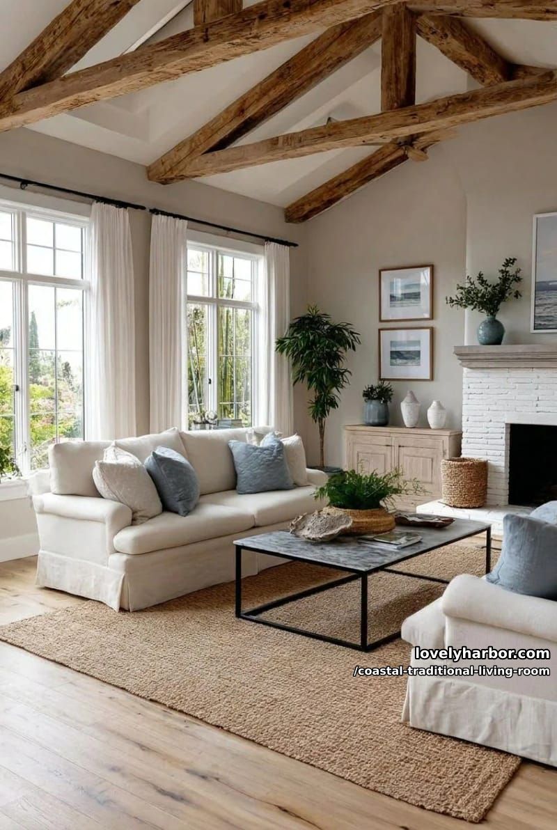20 Dreamy Coastal Traditional Living Room Designs to Inspire 11 neutral living room with black metal coffee table and exposed ceiling beams. 1
