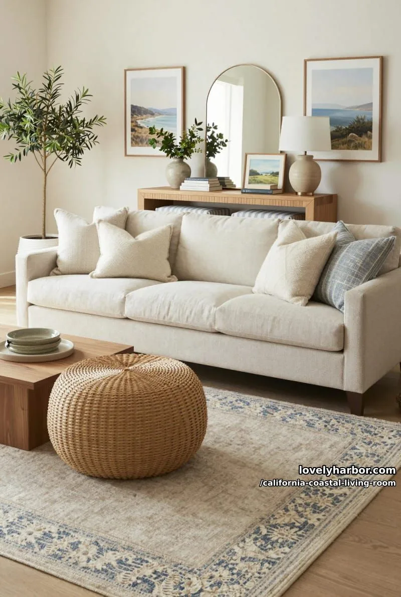 neutral living room with coastal decor and woven textures. 1