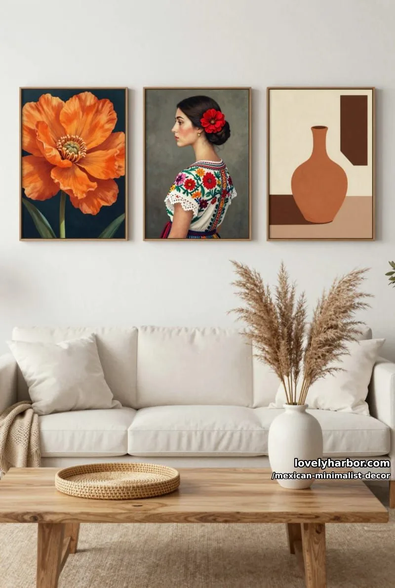 neutral living room with floral and portrait art, pampas grass, and woven textures. 1
