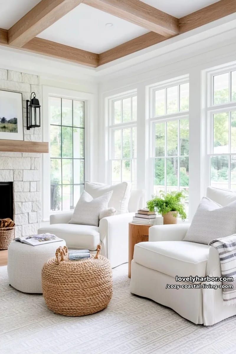 neutral living room with plush chairs, woven baskets, and rustic fireplace 1