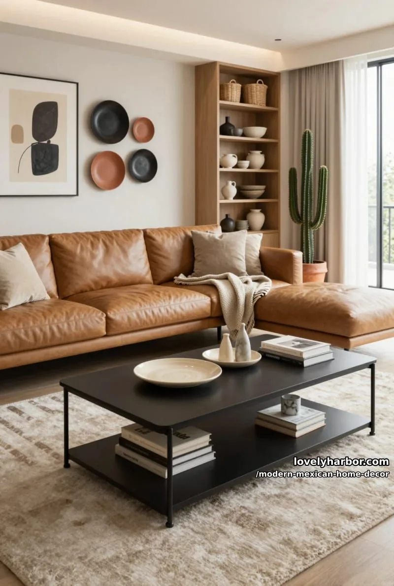 18 Modern Mexican Decor for a Stylish Home 10 neutral living room with tan leather sofa, gallery wall, and cactus planter. 1