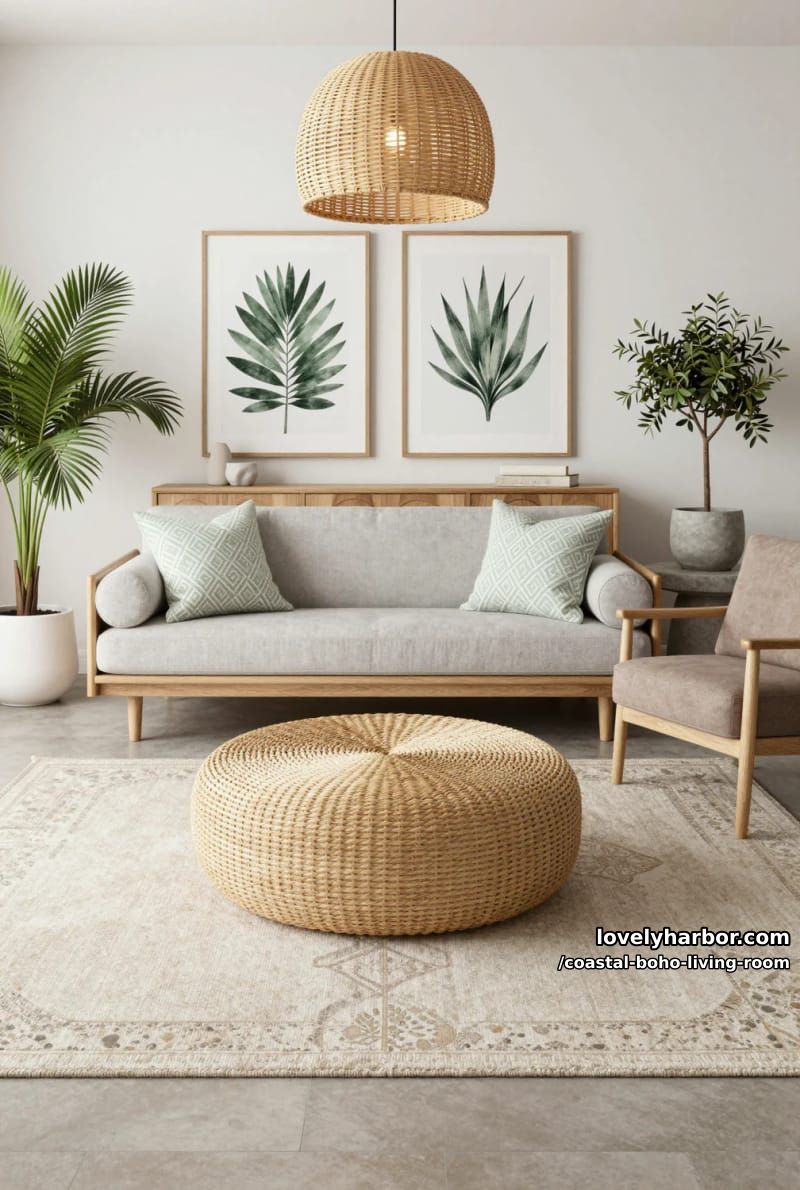 neutral modern living room with rattan pendant, botanical prints, and greenery. 1