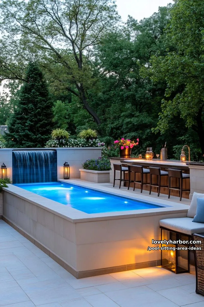 night patio with illuminated plunge pool, waterfall, and bar seating. 1