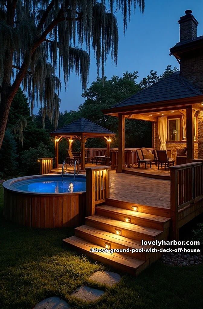 nighttime deck with circular above-ground pool, gazebo, and embedded lighting 1