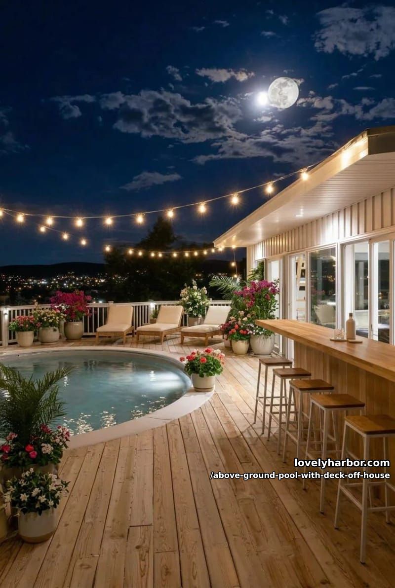 nighttime deck with round pool, bar stools, string lights, and full moon 1