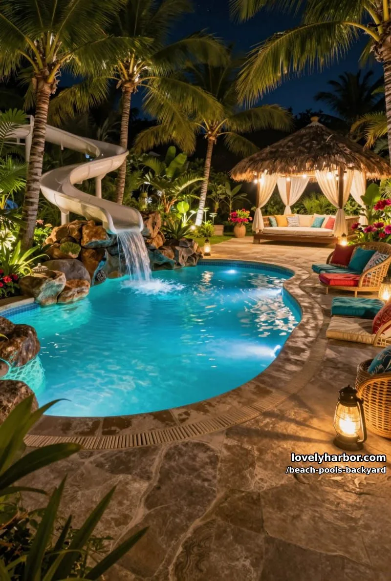 nighttime tropical pool, underwater lights, waterfall, waterslide, and palm trees. 1
