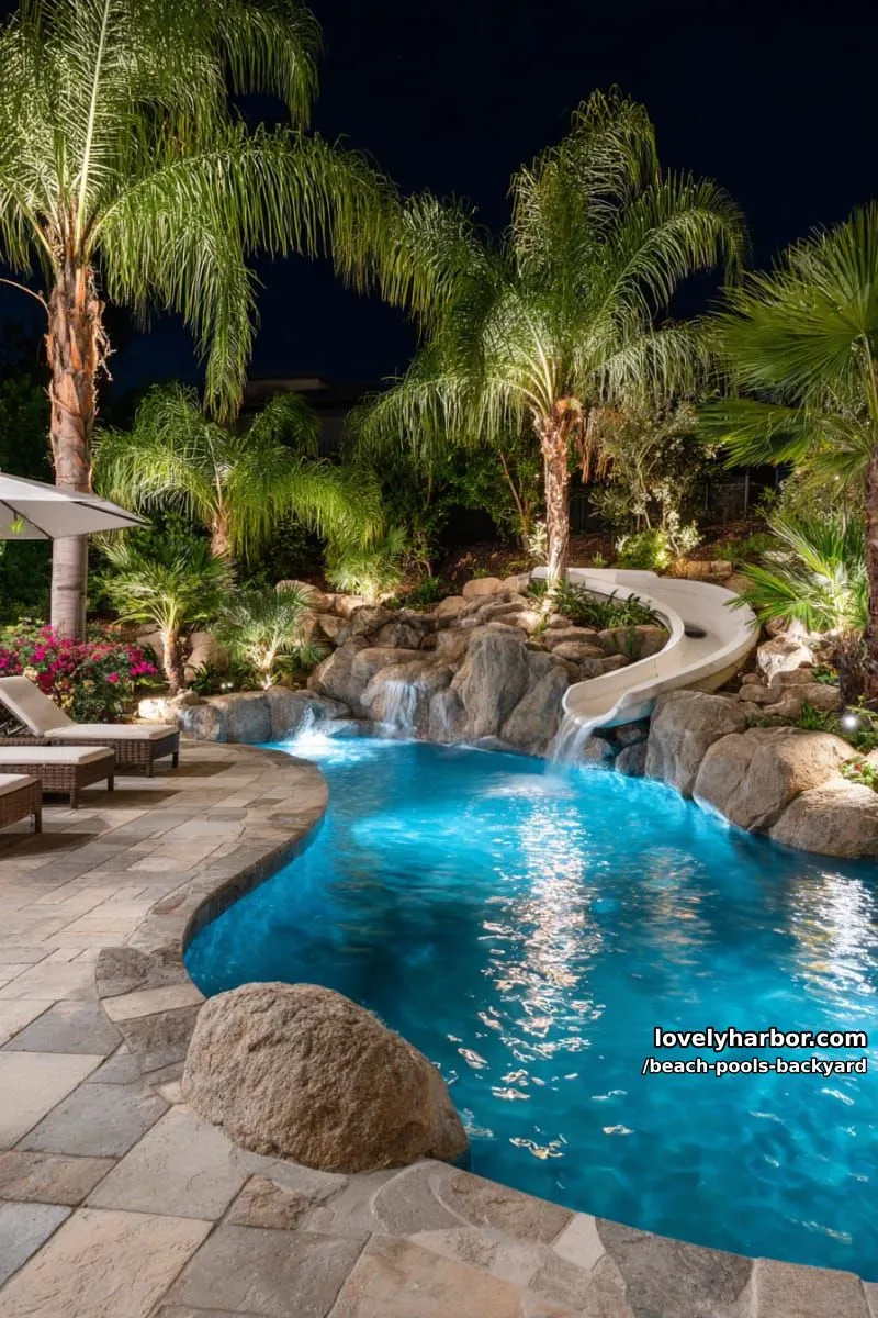 nighttime tropical pool, underwater lights, waterfall, waterslide, and palm trees. 1
