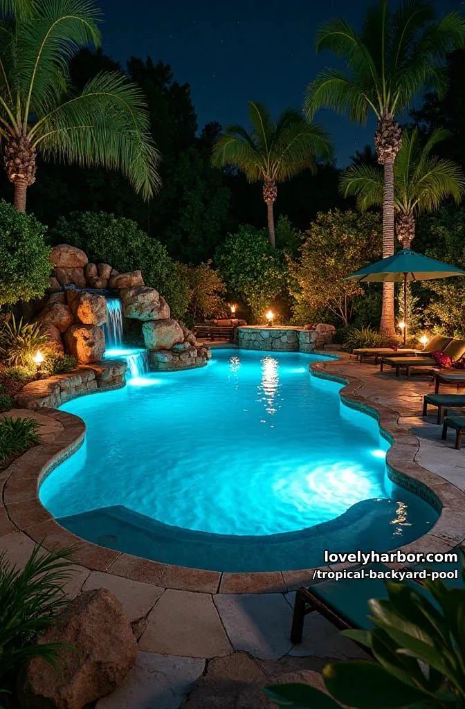 20 Tropical Backyard Pools That Feel Like a Resort 12 nighttime tropical pool with rock waterfall, and glowing lights 1
