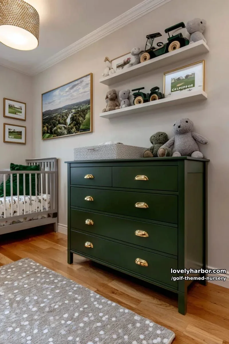nursery dresser painted dark green with brass golf tee knobs 1