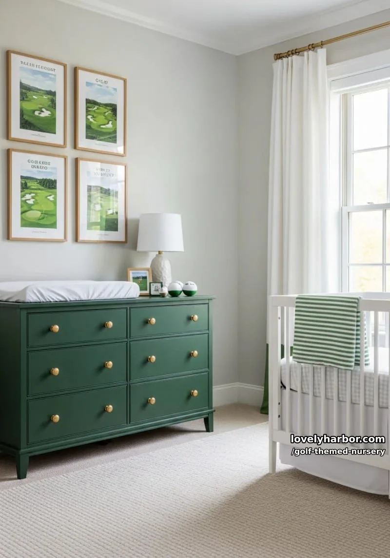 nursery dresser painted dark green with brass golf tee knobs 1