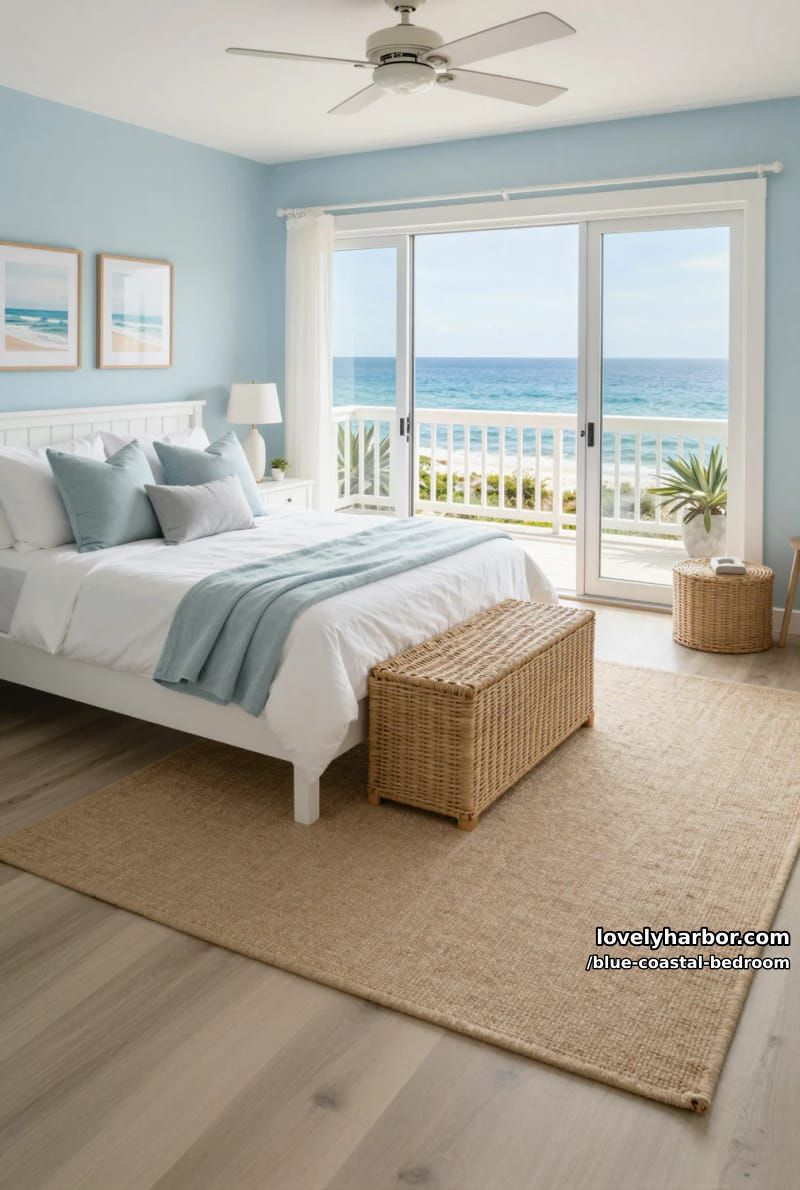 ocean-view bedroom with white bed, blue accents, and jute rug. 1