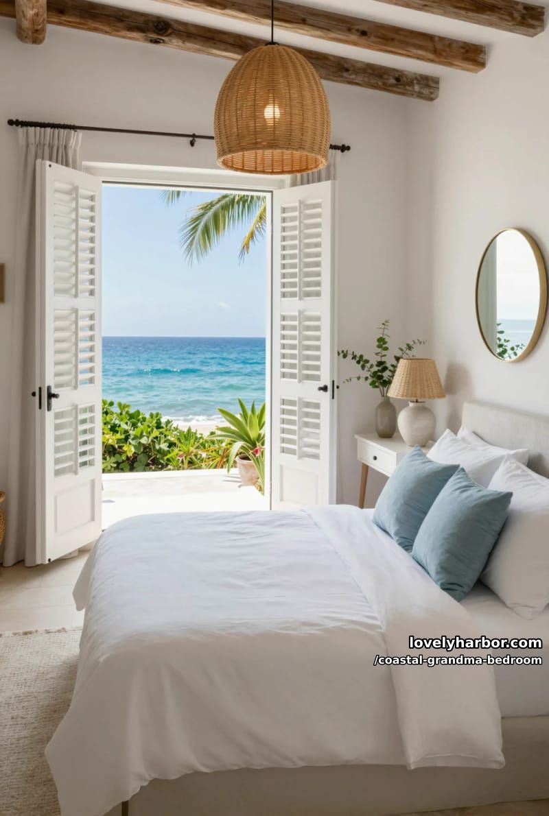 oceanview bedroom with french doors, blue accent pillows, and rattan pendant light. 1