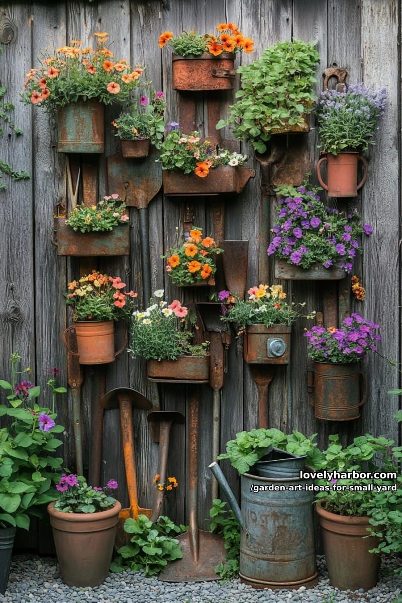 20 Creative Garden Art Ideas to Elevate Small Yards 19 old garden tools repurposed as wall-mounted flower planters 1