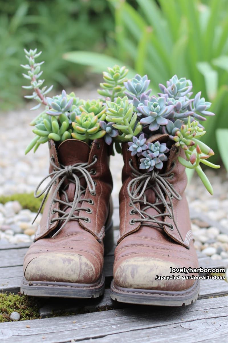 old leather boots as succulent planters 1