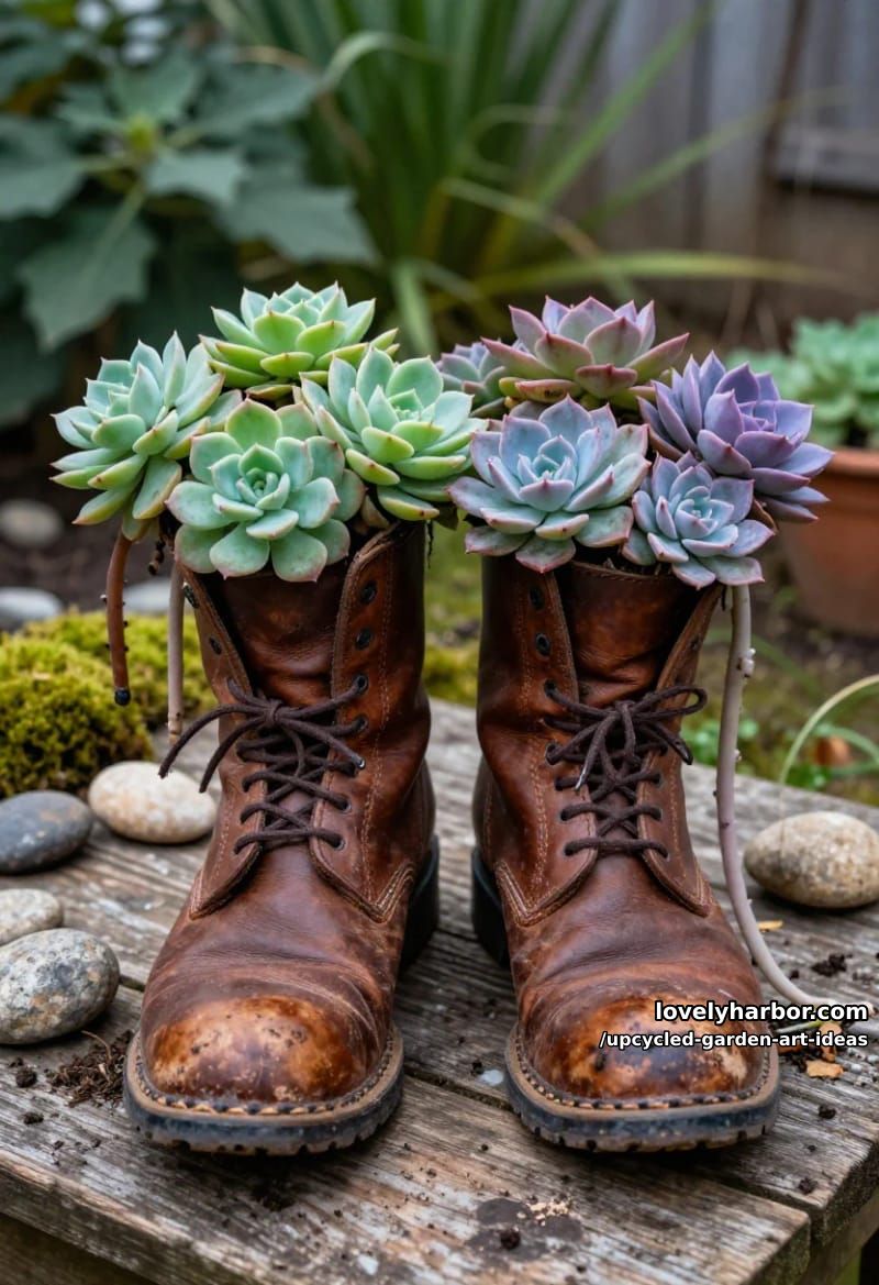 old leather boots as succulent planters 1