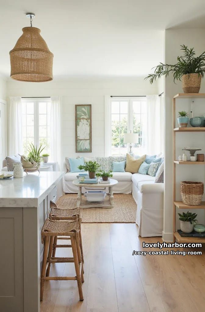 open concept coastal living and kitchen with light wood and woven details 1
