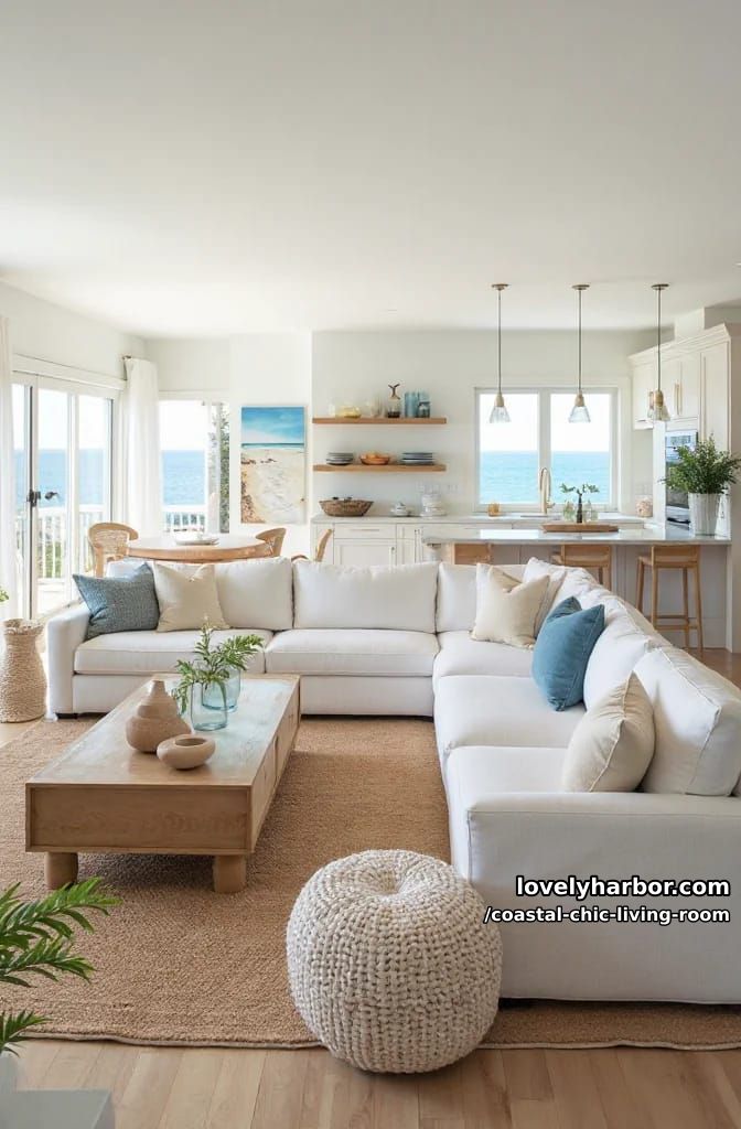 open-concept coastal living room with white sectional, jute rug, and kitchen view. 1
