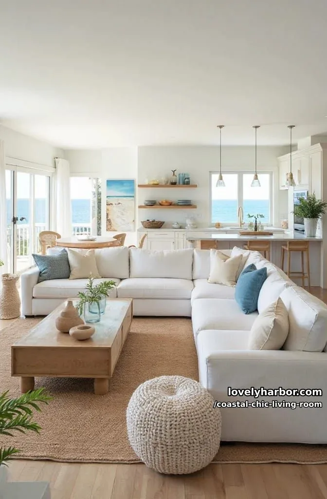 20 Chic Coastal Living Rooms You'll Love 6 open-concept coastal living room with white sectional, jute rug, and kitchen view. 1