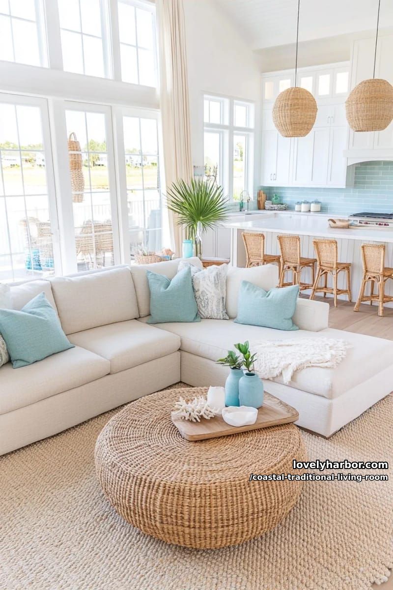 20 Dreamy Coastal Traditional Living Room Designs to Inspire 9 open-concept living room with beige sectional, blue accents, and bright kitchen. 1