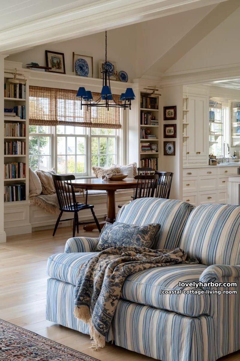 open-plan living and dining area with blue and cream palette and window seat. 1