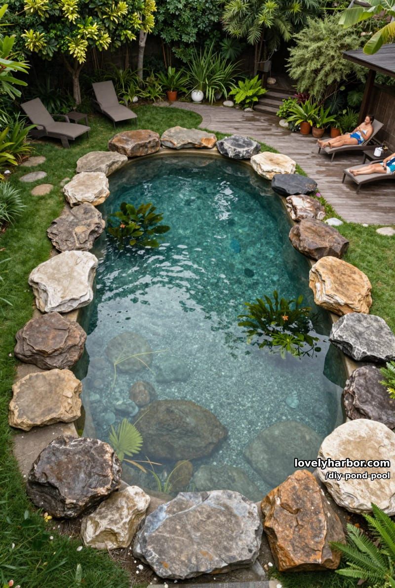 organic natural swimming pool with rocks, plants, and wooden deck 1