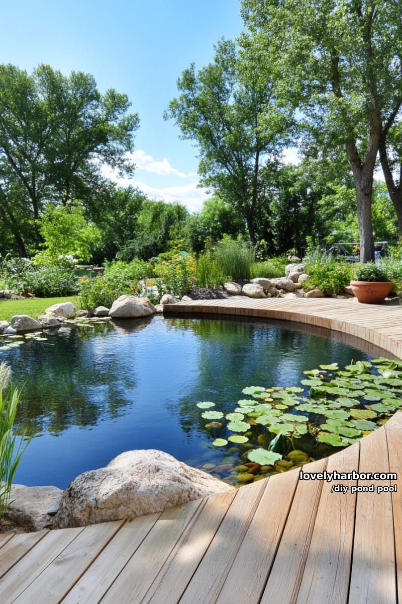organic natural swimming pool with rocks, plants, and wooden deck 1