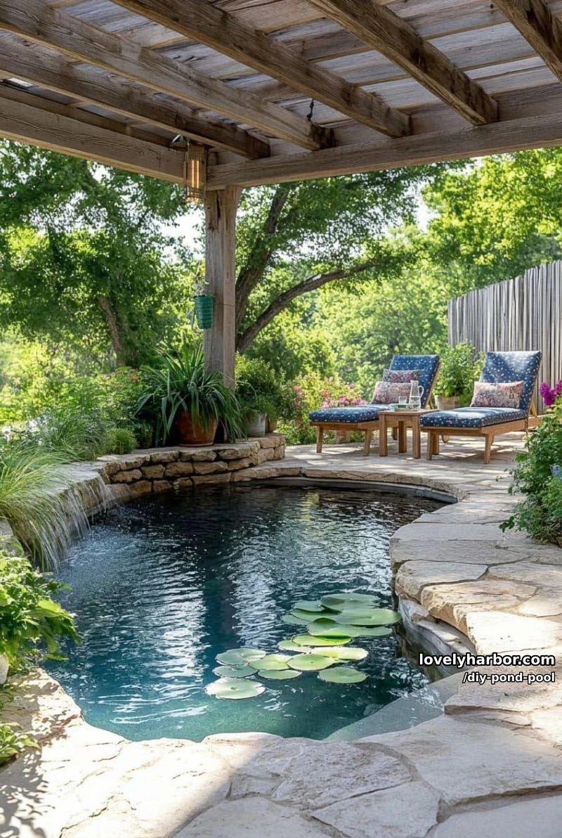 organic pond-style pool under a pergola with lush greenery and cozy wooden deck. 1