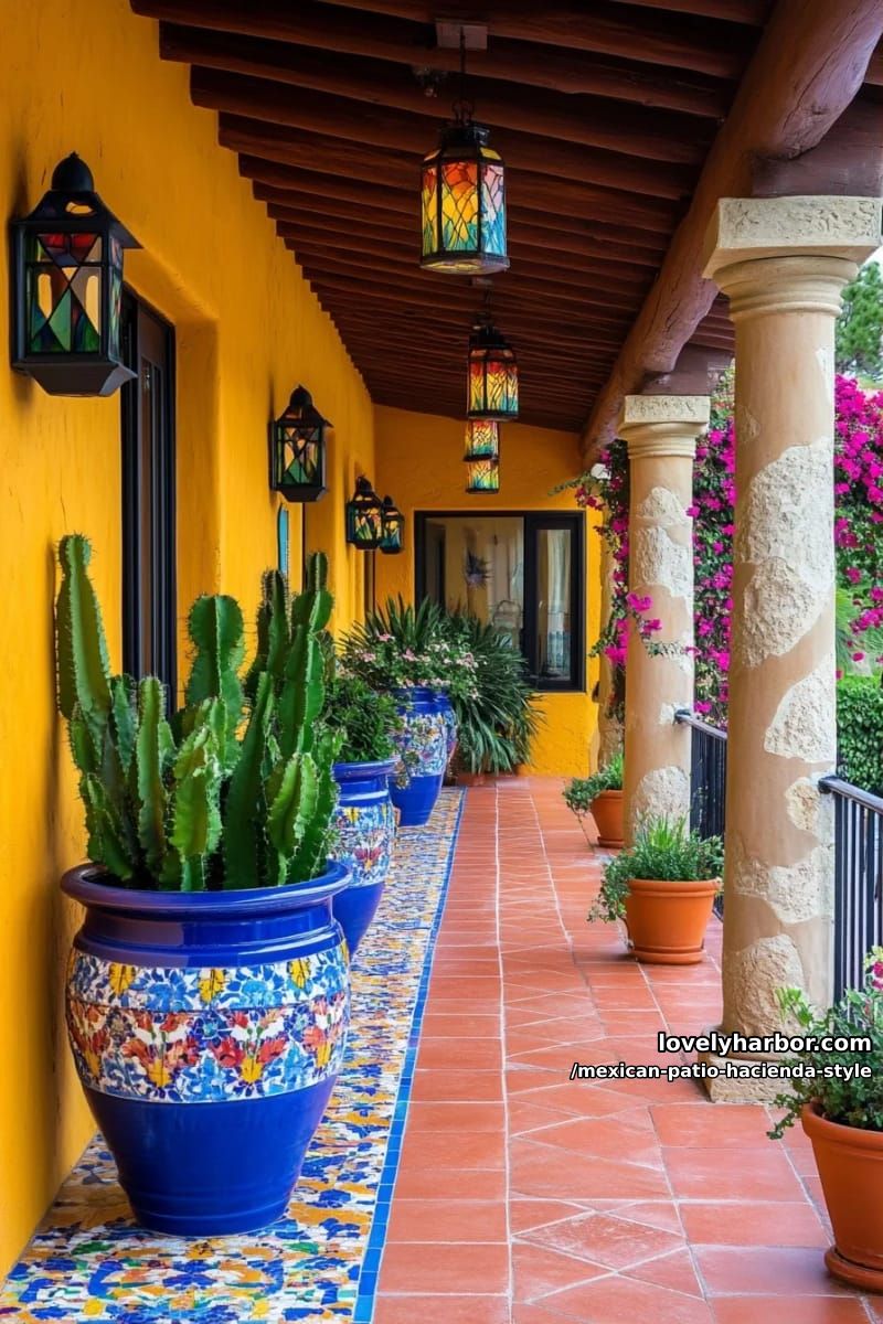 outdoor corridor with mosaic tile floor, terracotta pots, colorful columns, and stained-glass lanterns. 1