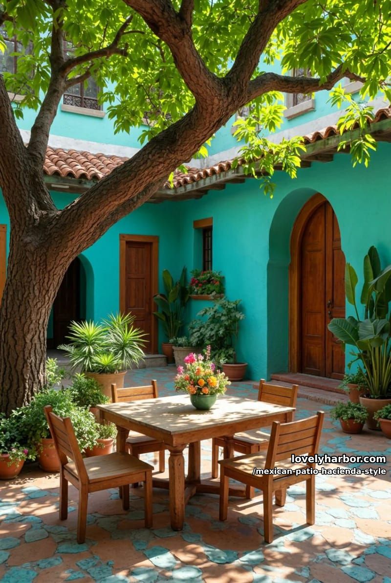 outdoor courtyard with twisting tree, turquoise tiles, rustic table, and lush plants. 1