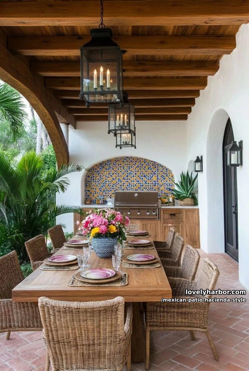 outdoor dining area with wooden ceiling, woven chairs, built-in grill, and floral centerpiece. 1