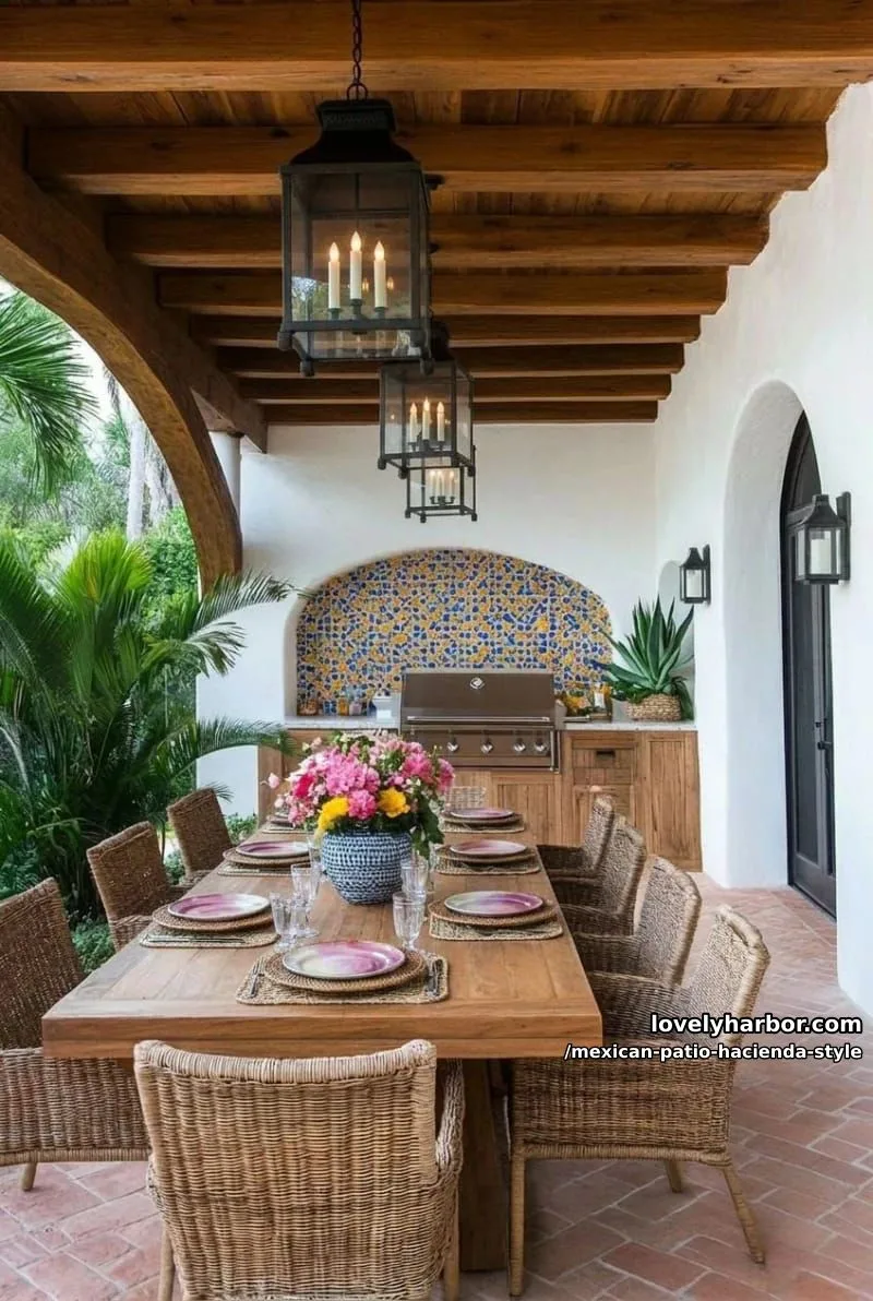 22 Mexican Hacienda-Style Patios That Look Stunning 23 outdoor dining area with wooden ceiling, woven chairs, built-in grill, and floral centerpiece. 1