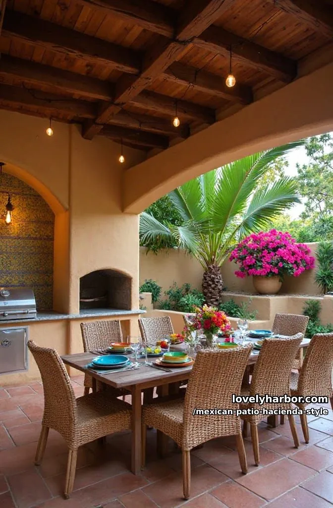 22 Mexican Hacienda-Style Patios That Look Stunning 24 outdoor dining area with wooden ceiling, woven chairs, built-in grill, and floral centerpiece. 1