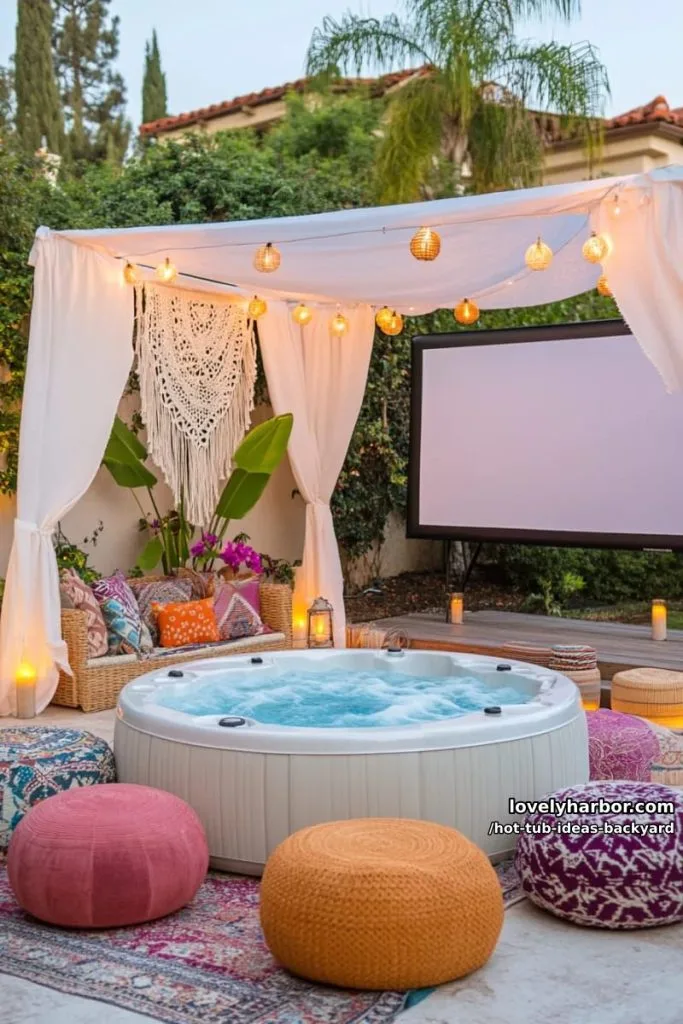Pool 7 outdoor home theater with hot tub, floor cushions, canopy, and boho decor. 7