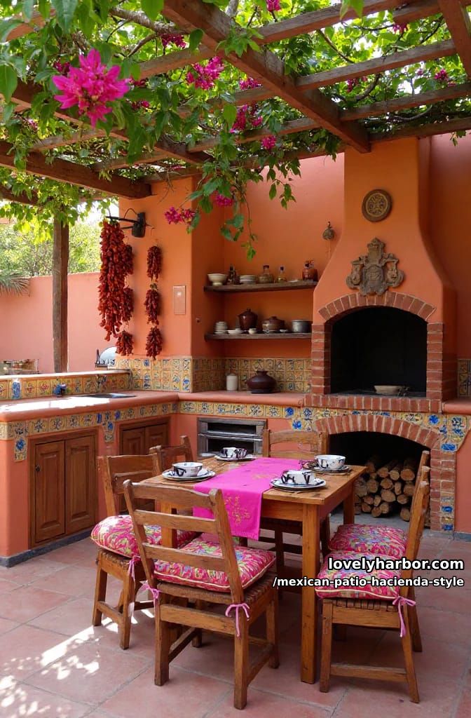 outdoor kitchen and dining area with tiled countertop, brick oven, and embroidered cushions. 1