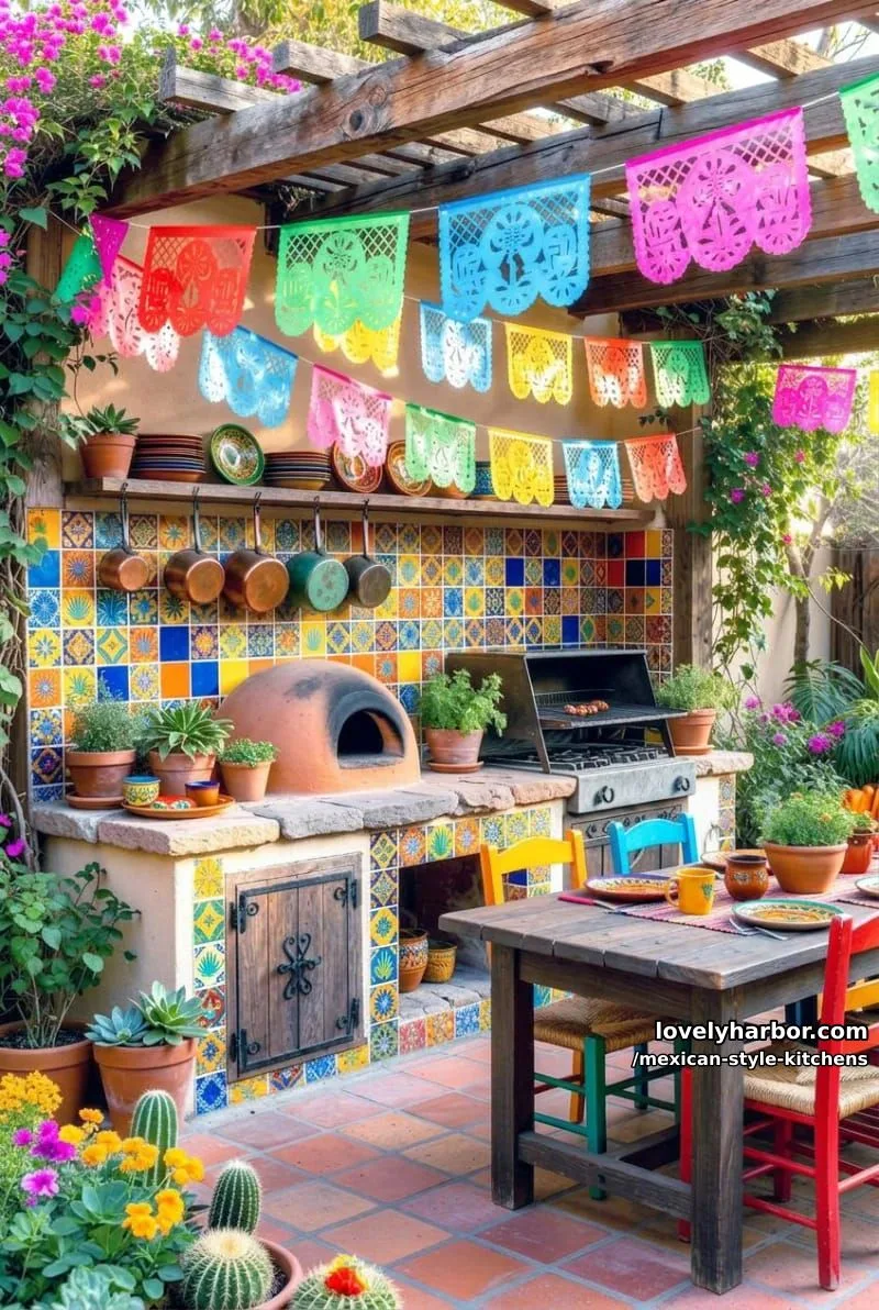 14 Mexican Style Kitchens You'll Want to Copy 7 outdoor kitchen under pergola, patterned tile backsplash, and papel picado banners. 1