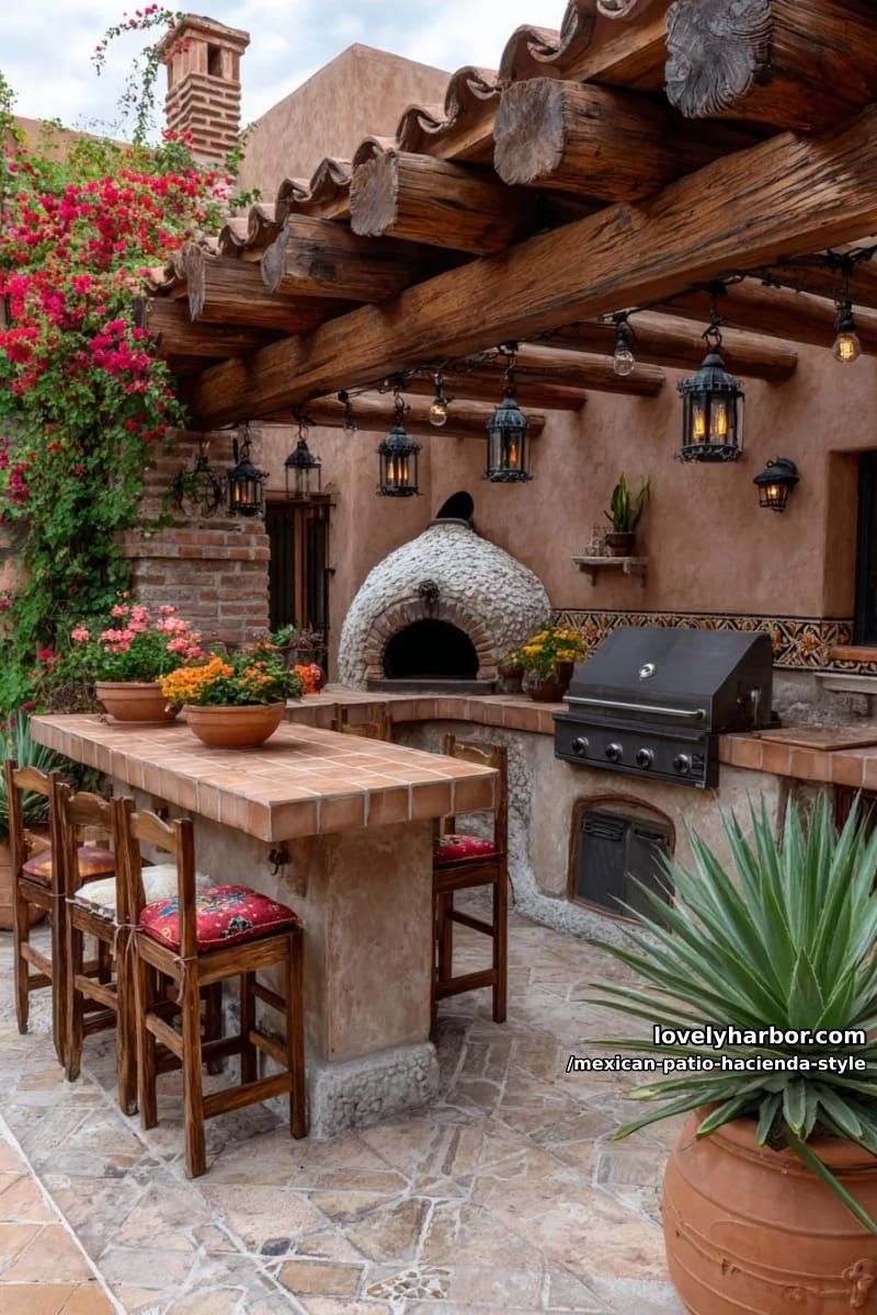 outdoor kitchen under pergola with pizza oven, grill, blooming vines, and warm lighting. 1