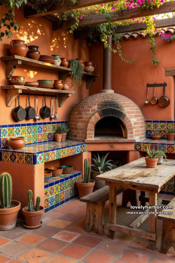 outdoor kitchen with terracotta walls, brick pizza oven, and colorful tiled countertops. 5