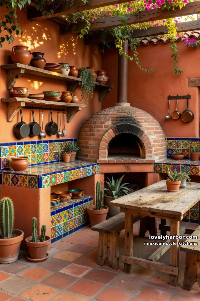 14 Mexican Style Kitchens You'll Want to Copy 6 outdoor kitchen with terracotta walls, brick pizza oven, and colorful tiled countertops. 1