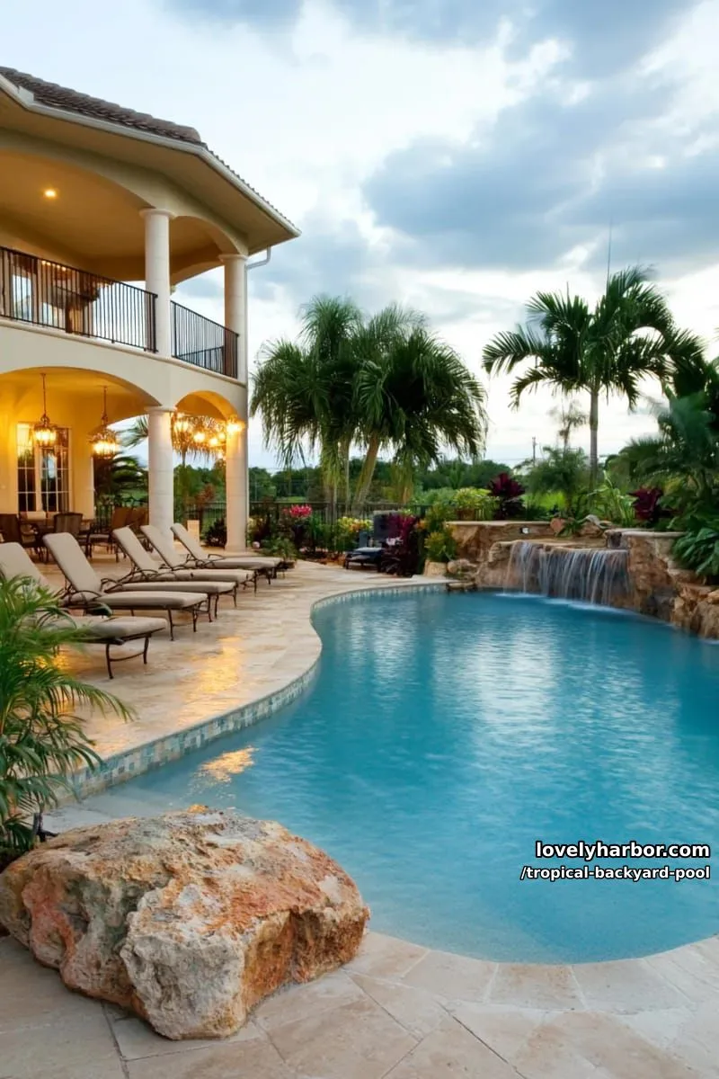 20 Tropical Backyard Pools That Feel Like a Resort 2 outdoor pool with rock waterfalls, modern lounge, and ambient lighting 1