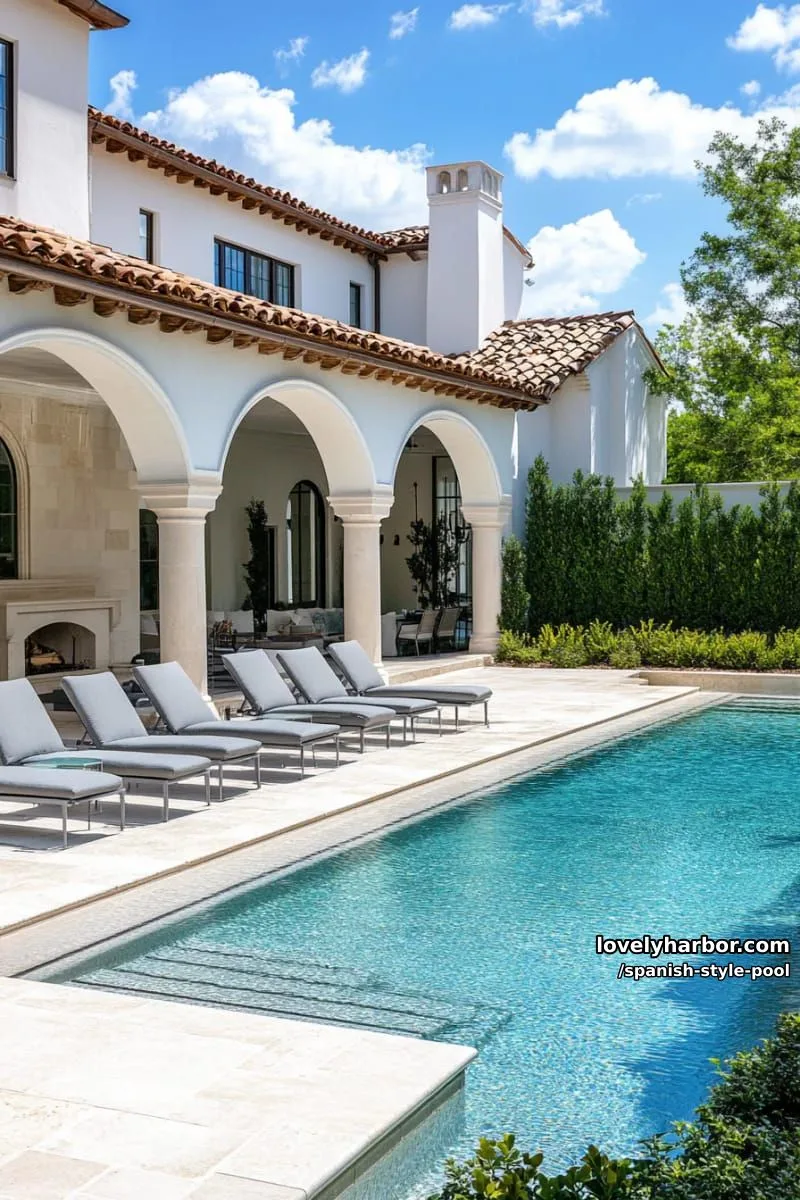 outdoor pool with wide steps, modern gray loungers, arched walkways, and fireplace. 1
