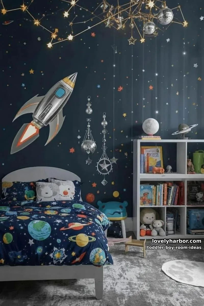 15 Playful Toddler Boy Room Design Ideas for Your Next Makeover 2 outer space theme with rocket wall decals and a glowing constellation ceiling. 1