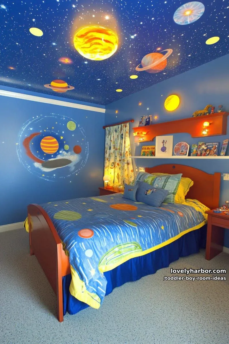 15 Playful Toddler Boy Room Design Ideas for Your Next Makeover 3 outer space theme with rocket wall decals and a glowing constellation ceiling. 1