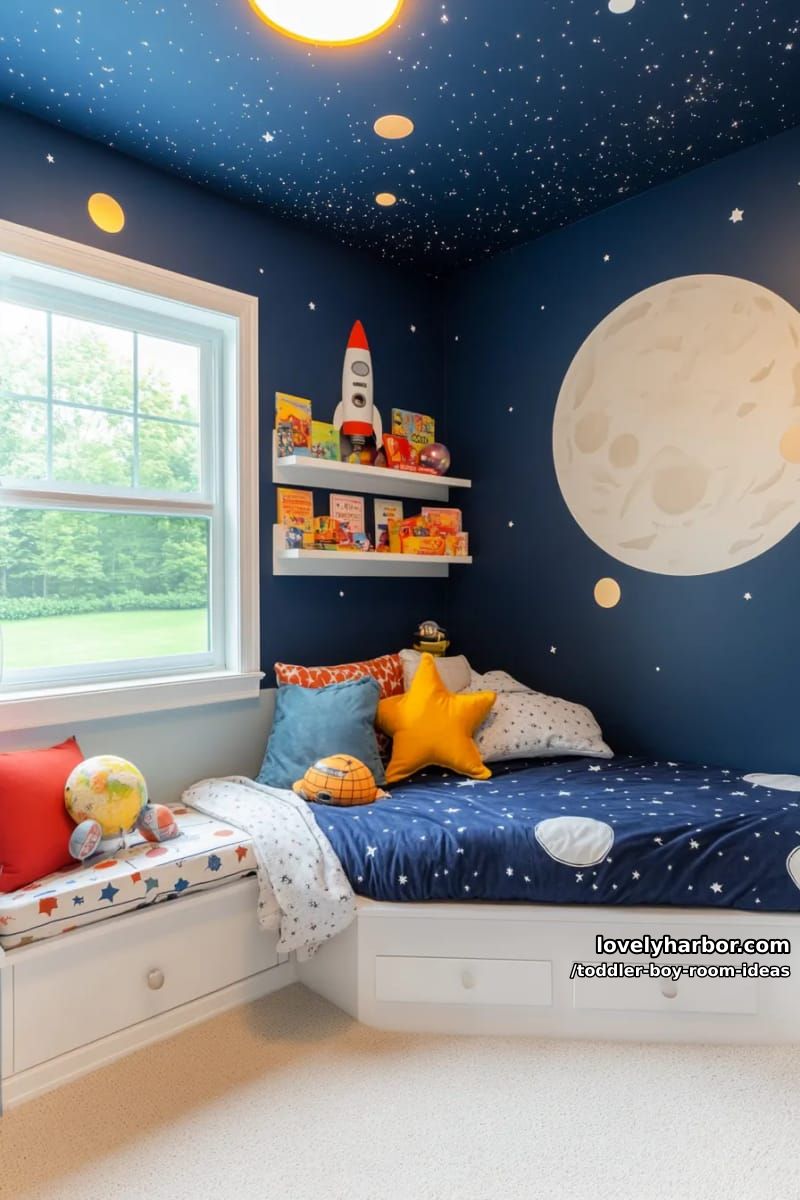 outer space theme with rocket wall decals and a glowing constellation ceiling. 1