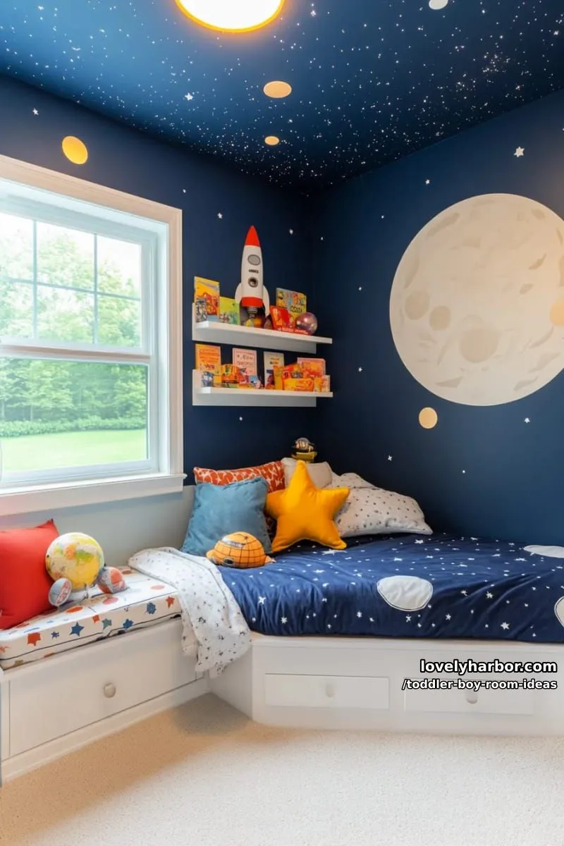15 Playful Toddler Boy Room Design Ideas for Your Next Makeover 4 outer space theme with rocket wall decals and a glowing constellation ceiling. 1