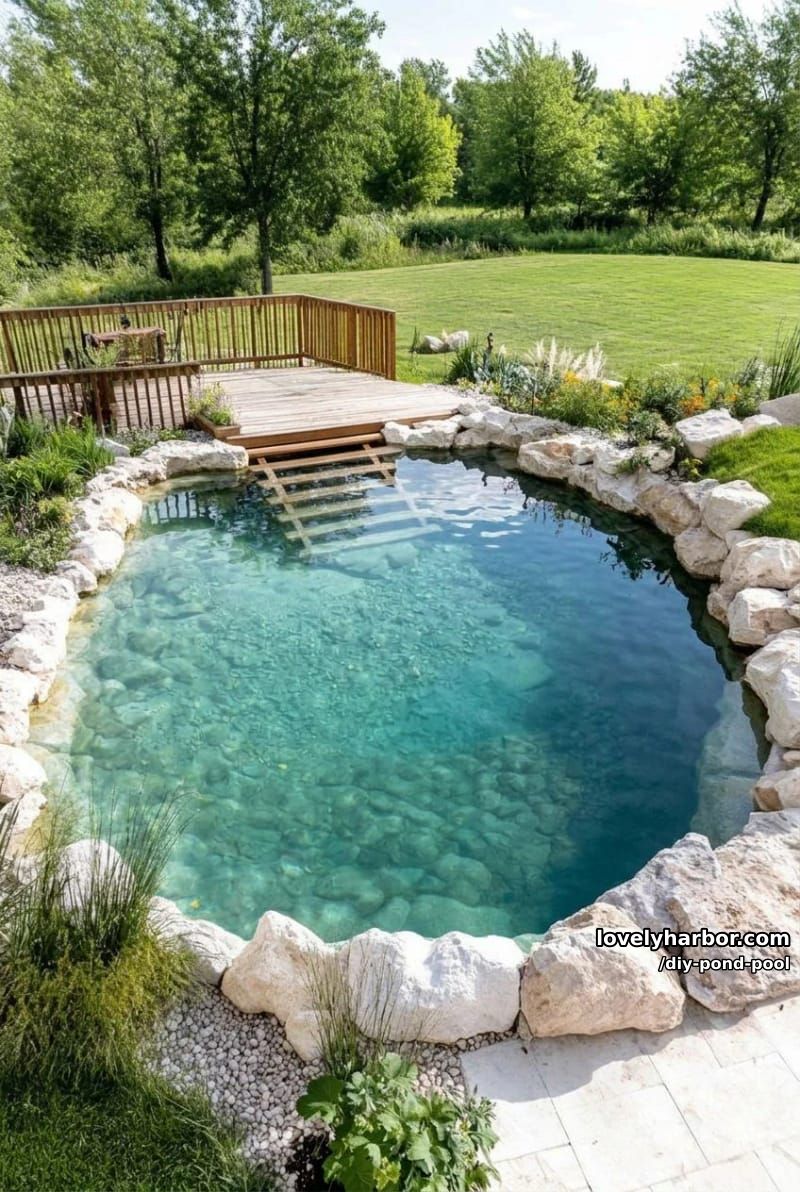 oval natural swimming pond with white river rocks and wooden deck 1