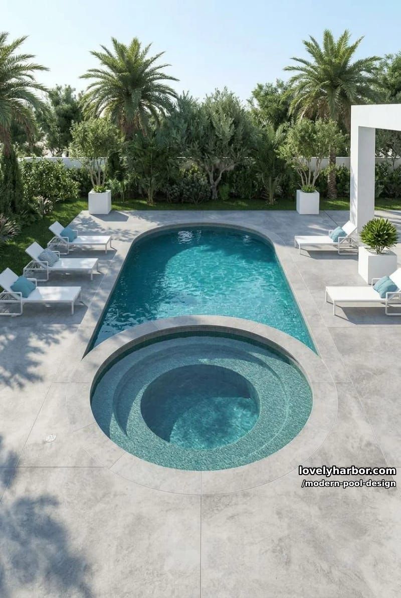 oval pool with circular hot tub, gray stone deck, and white loungers. 1