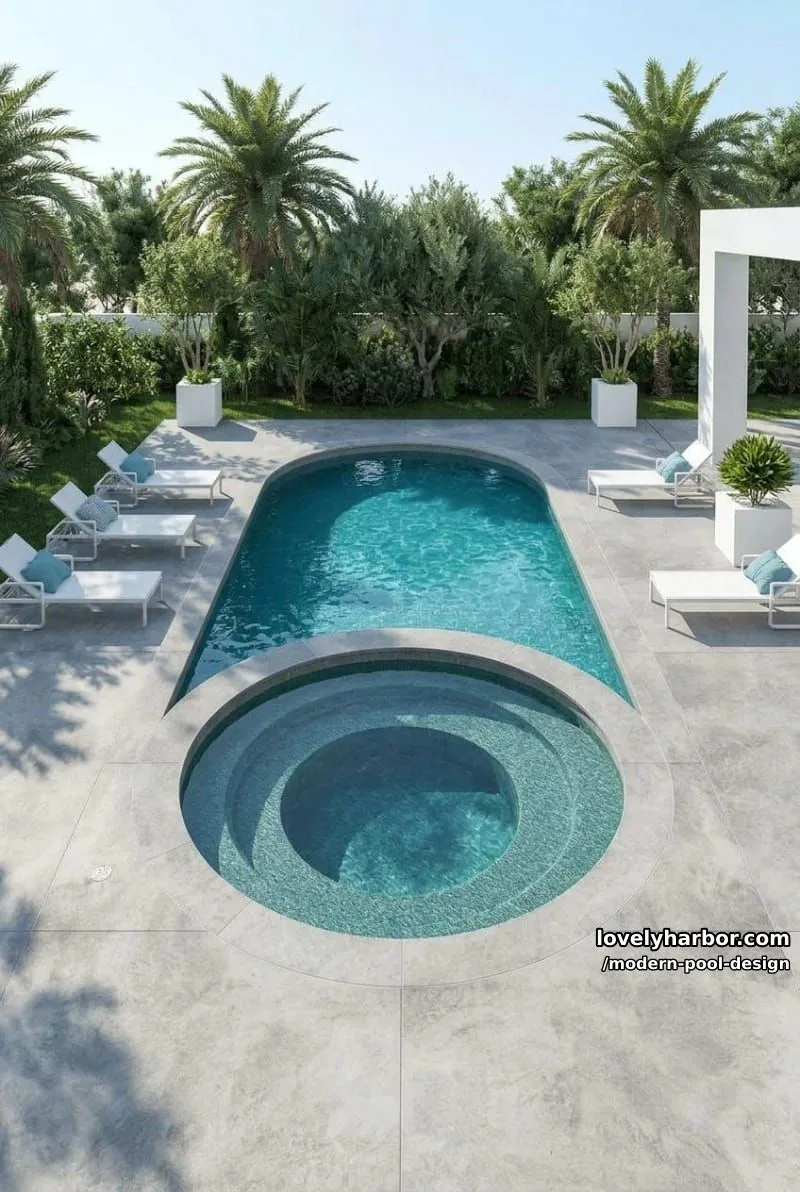oval pool with circular hot tub, gray stone deck, and white loungers. 1