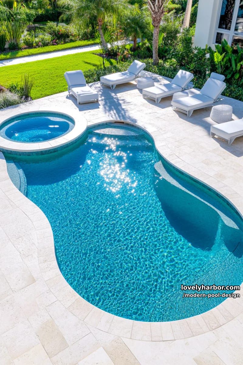 oval pool with circular hot tub, gray stone deck, and white loungers. 1